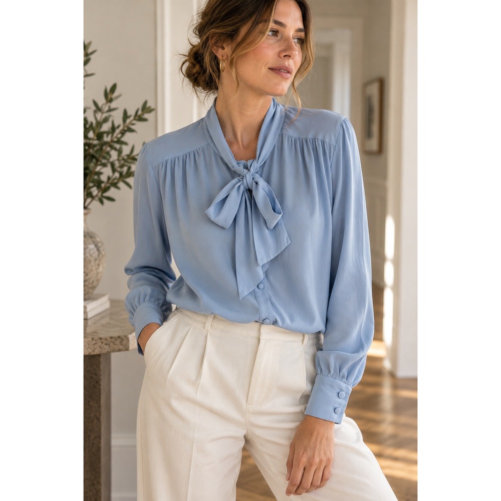 Amour Vert Milla 100% Silk Bow Tie Neck Button Blouse Sky Blue M